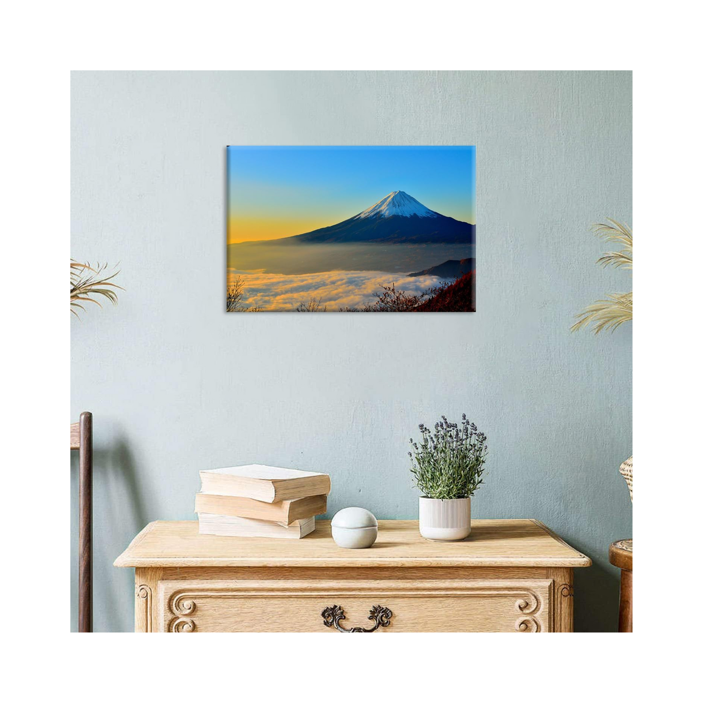 Kunstdruck Mount Fuji – Roter Fuji über dem Weißen Wolkensee – Leinwandbild mit Holzrahmen ( 60×40 cm)