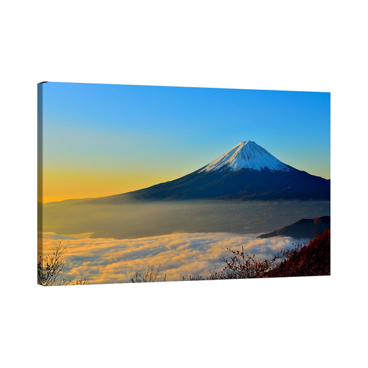 Kunstdruck Mount Fuji – Roter Fuji über dem Weißen Wolkensee – Leinwandbild mit Holzrahmen ( 60×40 cm)